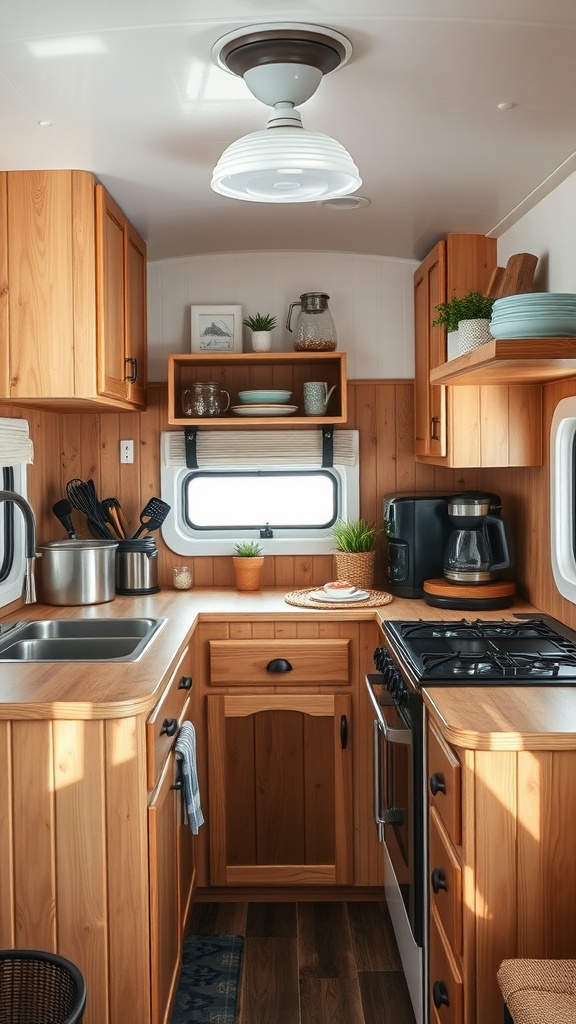 Interior of a small camper kitchen featuring rustic wooden cabinets, a sink, gas stove, and decorative plants.