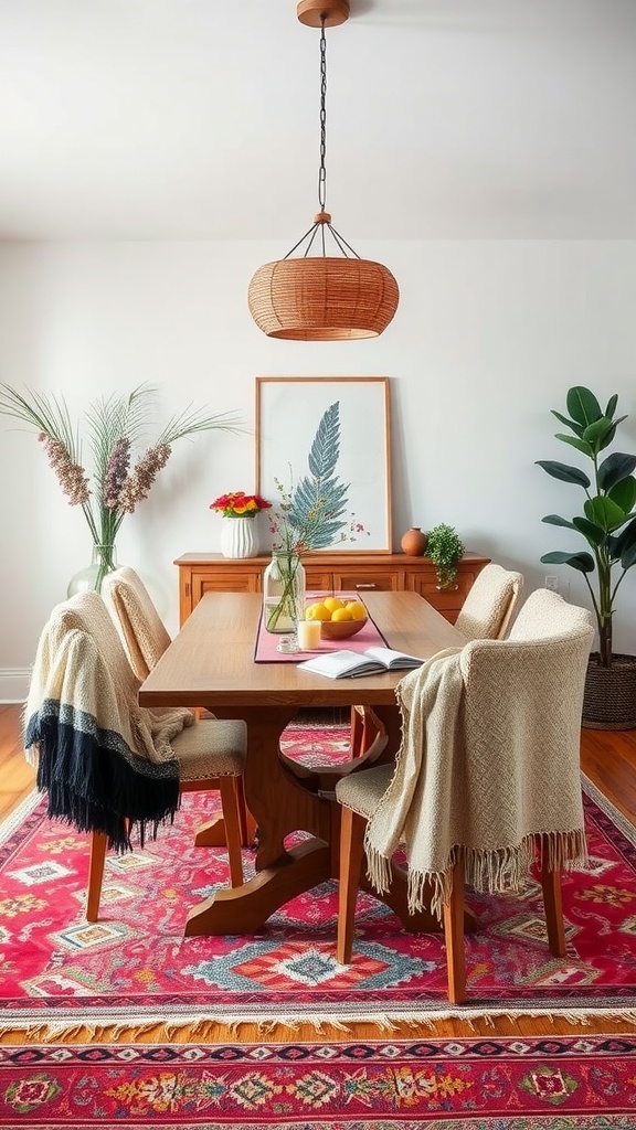A cozy boho dining room featuring a wooden table with layered textiles and throws on the chairs, a vibrant rug, and decorative plants.