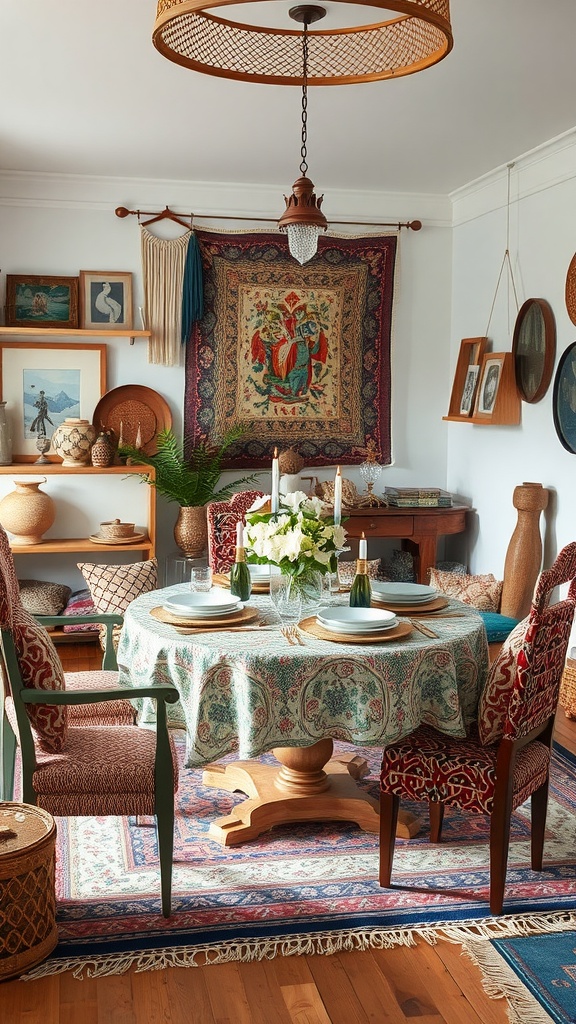 A bohemian-style dining room with a round table, mixed textiles, and colorful art on the walls.