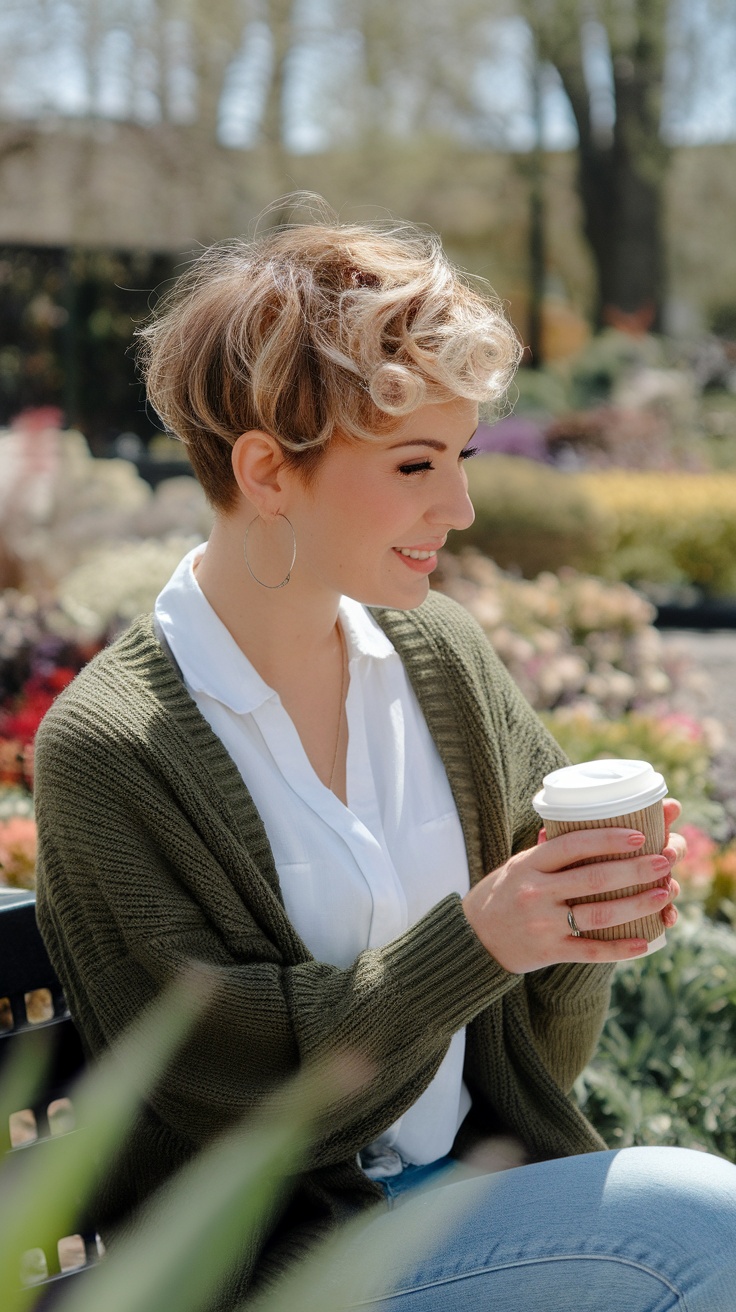 A woman with a pixie haircut styled in soft curls, smiling in a green setting.