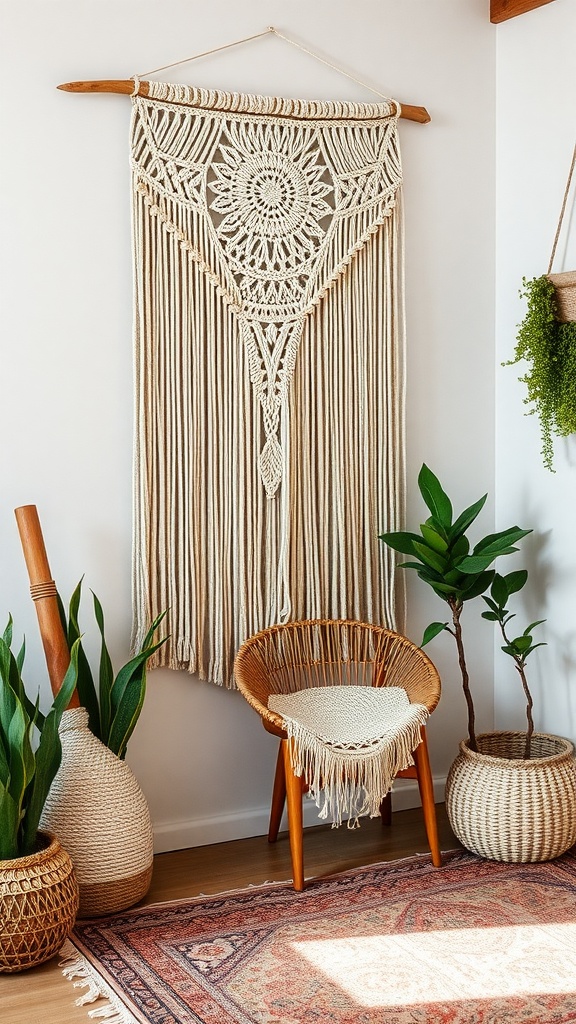 A textured macramé wall hanging displayed above a wooden chair surrounded by plants and a rug.