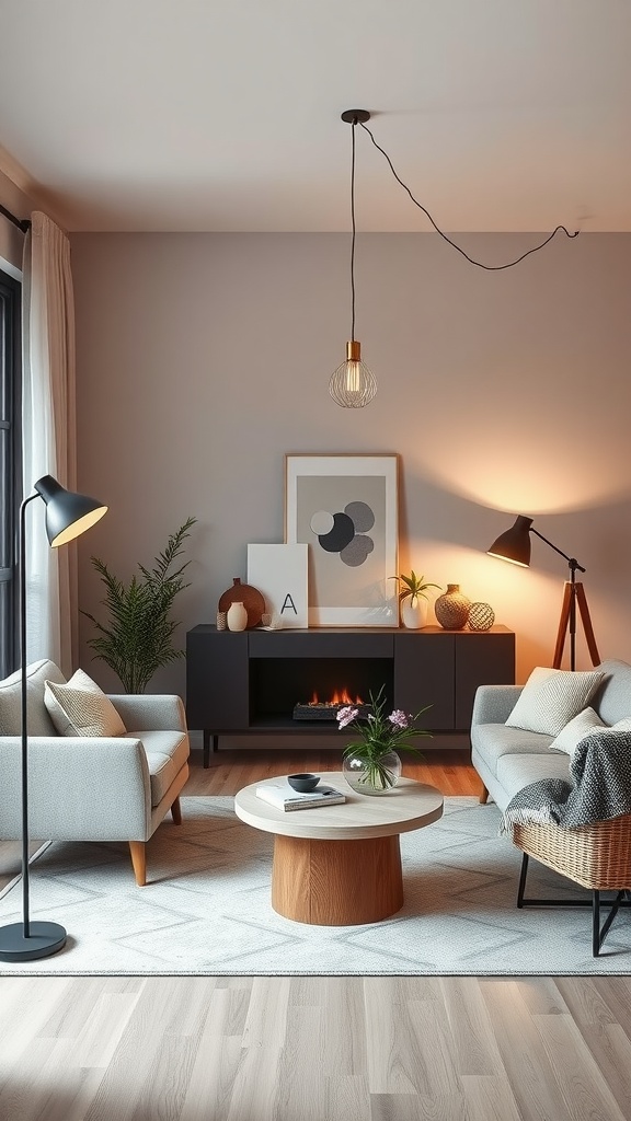 A cozy room featuring warm lighting from floor lamps and pendant lights, with a touch of greenery.