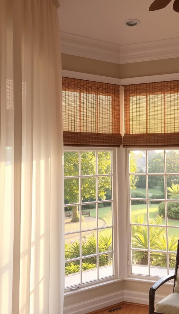 A beautifully-lit sunroom featuring an array of stylish window treatments. In the foreground, sheer voile curtains in a soft, airy ivory cascade elegantly from high ceilings, gently billowing in the warm summer breeze. Transitioning to the middle ground, sleek woven wood shades in a natural honey tone add subtle texture and warmth. Framing the view, large picture windows offer a panoramic vista of a lush, verdant garden outside, illuminated by the golden glow of the afternoon sun. Emanating a serene, tranquil ambiance, this sunroom invites you to pause, relax, and soak in the essence of the summer season. A beautifully-lit sunroom featuring an array of stylish window treatments. In the foreground, sheer voile curtains in a soft, airy ivory cascade elegantly from high ceilings, gently billowing in the warm summer breeze. Transitioning to the middle ground, sleek woven wood shades in a natural honey tone add subtle texture and warmth. Framing the view, large picture windows offer a panoramic vista of a lush, verdant garden outside, illuminated by the golden glow of the afternoon sun. Emanating a serene, tranquil ambiance, this sunroom invites you to pause, relax, and soak in the essence of the summer season.