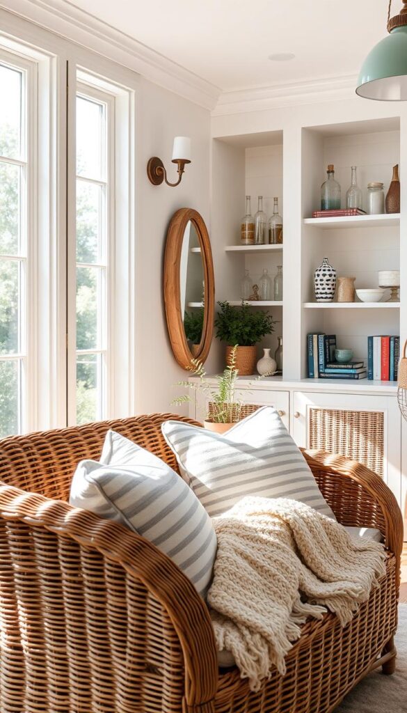 A bright, airy nautical sunroom filled with playful details. In the foreground, a wicker loveseat adorned with striped throw pillows and a cozy knit blanket, inviting relaxation. In the middle ground, a driftwood-framed mirror reflects the natural light streaming through the large windows, while a dainty potted fern adds a lush, organic touch. The background features a built-in bookshelf displaying decorative glass bottles, nautical-themed trinkets, and a collection of coastal-inspired novels. Soft, diffused lighting from sconces and a pendant fixture creates a warm, welcoming ambiance, perfectly capturing the summer-inspired, carefree mood of the space. A bright, airy nautical sunroom filled with playful details. In the foreground, a wicker loveseat adorned with striped throw pillows and a cozy knit blanket, inviting relaxation. In the middle ground, a driftwood-framed mirror reflects the natural light streaming through the large windows, while a dainty potted fern adds a lush, organic touch. The background features a built-in bookshelf displaying decorative glass bottles, nautical-themed trinkets, and a collection of coastal-inspired novels. Soft, diffused lighting from sconces and a pendant fixture creates a warm, welcoming ambiance, perfectly capturing the summer-inspired, carefree mood of the space.
