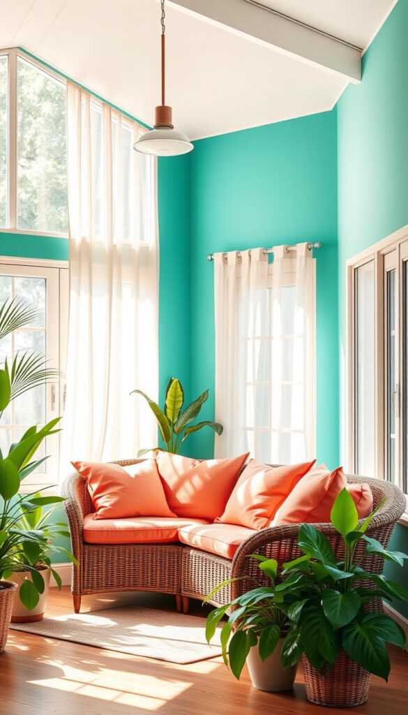 A bright, airy sunroom bathed in warm, natural light. The walls are painted in a bold, vibrant shade of turquoise, creating a cheerful and energetic ambiance. Plush, oversized cushions in a complementary coral hue adorn a comfortable rattan sofa, inviting relaxation. Lush, verdant potted plants dot the space, adding pops of lush greenery. Soft, wispy curtains in a sheer, shimmering fabric frame the large windows, gently billowing in the breeze. Sleek, minimalist lighting fixtures cast a gentle glow, while the wooden floors and accents lend a touch of rustic charm. The overall design exudes a perfect balance of modernity and nature, capturing the essence of a summer-inspired sunroom. A bright, airy sunroom bathed in warm, natural light. The walls are painted in a bold, vibrant shade of turquoise, creating a cheerful and energetic ambiance. Plush, oversized cushions in a complementary coral hue adorn a comfortable rattan sofa, inviting relaxation. Lush, verdant potted plants dot the space, adding pops of lush greenery. Soft, wispy curtains in a sheer, shimmering fabric frame the large windows, gently billowing in the breeze. Sleek, minimalist lighting fixtures cast a gentle glow, while the wooden floors and accents lend a touch of rustic charm. The overall design exudes a perfect balance of modernity and nature, capturing the essence of a summer-inspired sunroom.