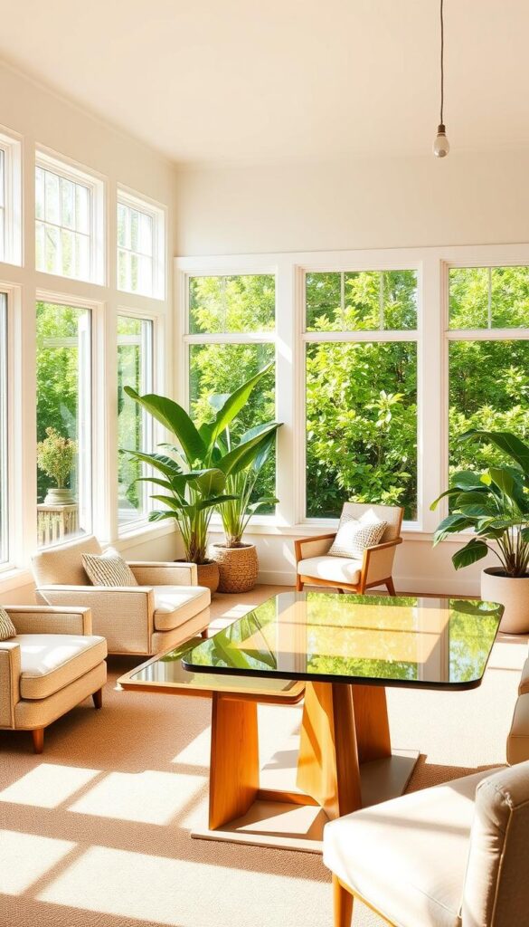 A bright, airy sunroom with a cozy game area. Soft natural light filters through large windows, casting a warm glow on the space. Plush, inviting armchairs and a low coffee table create an intimate seating arrangement, perfect for enjoying a board game or friendly competition. Sleek, modern game tables take center stage, their polished surfaces reflecting the vibrant greenery outside. Lush potted plants and natural wood accents bring the outdoors in, evoking a tranquil, summer-inspired ambiance. Minimalist decor and clean lines give the space a sophisticated, yet relaxed atmosphere, ideal for leisurely gatherings and quality time with friends and family. A bright, airy sunroom with a cozy game area. Soft natural light filters through large windows, casting a warm glow on the space. Plush, inviting armchairs and a low coffee table create an intimate seating arrangement, perfect for enjoying a board game or friendly competition. Sleek, modern game tables take center stage, their polished surfaces reflecting the vibrant greenery outside. Lush potted plants and natural wood accents bring the outdoors in, evoking a tranquil, summer-inspired ambiance. Minimalist decor and clean lines give the space a sophisticated, yet relaxed atmosphere, ideal for leisurely gatherings and quality time with friends and family.