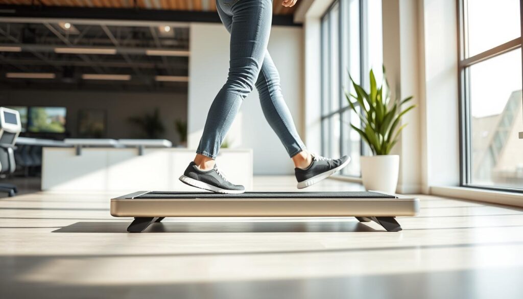 A brightly lit, well-composed scene showcasing the benefits of a walking pad. In the foreground, a person strolling comfortably on a sleek, modern walking pad, their stride smooth and relaxed. The middle ground features ergonomic design elements, such as a minimalist control panel and a sturdy, adjustable frame. The background depicts a serene, modern office or home environment, with natural light streaming in through large windows, creating a calming atmosphere. The image should convey the walking pad's ease of use, space-saving design, and the overall health and productivity benefits it offers compared to a traditional treadmill. A brightly lit, well-composed scene showcasing the benefits of a walking pad. In the foreground, a person strolling comfortably on a sleek, modern walking pad, their stride smooth and relaxed. The middle ground features ergonomic design elements, such as a minimalist control panel and a sturdy, adjustable frame. The background depicts a serene, modern office or home environment, with natural light streaming in through large windows, creating a calming atmosphere. The image should convey the walking pad's ease of use, space-saving design, and the overall health and productivity benefits it offers compared to a traditional treadmill.