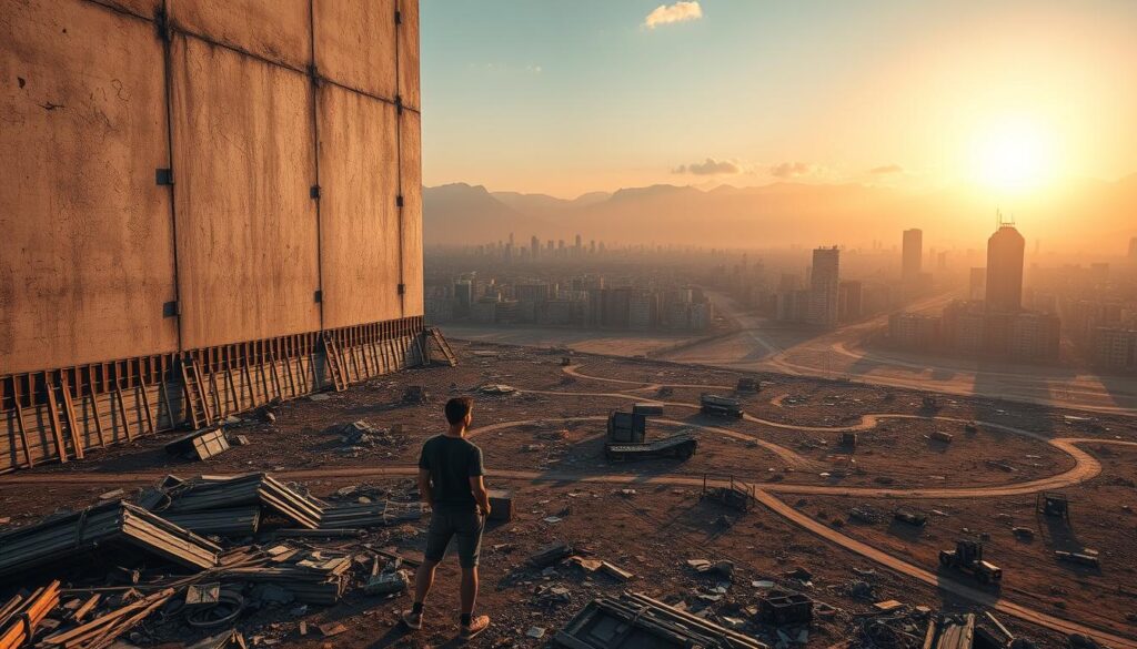 A bustling cityscape casts long shadows as the sun sets, illuminating a maze of obstacles and challenges. In the foreground, a person stands contemplating a towering wall, its surface riddled with impenetrable barriers. Surrounding them, a field of discarded debris and half-finished projects litters the ground, representing unfinished goals and abandoned aspirations. The middle ground reveals a tangle of winding paths, each path leading to a different dead end or obstacle. In the distant background, a glimmer of hope shines through, hinting at the possibility of breaking free from the constraints. The scene conveys a sense of frustration, introspection, and the determination to find a way forward, despite the daunting challenges that loom ahead. A bustling cityscape casts long shadows as the sun sets, illuminating a maze of obstacles and challenges. In the foreground, a person stands contemplating a towering wall, its surface riddled with impenetrable barriers. Surrounding them, a field of discarded debris and half-finished projects litters the ground, representing unfinished goals and abandoned aspirations. The middle ground reveals a tangle of winding paths, each path leading to a different dead end or obstacle. In the distant background, a glimmer of hope shines through, hinting at the possibility of breaking free from the constraints. The scene conveys a sense of frustration, introspection, and the determination to find a way forward, despite the daunting challenges that loom ahead.