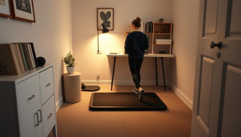 A compact, space-saving walking pad nestled in a cozy, minimalist home office. Sleek, low-profile design seamlessly integrated into the tidy, well-lit room. Soft, diffused lighting from overhead casts a warm, productivity-enhancing glow. The walking pad's surface gently beckons, inviting the user to embark on a steady, uninterrupted stroll while immersed in work or leisure. Subtle, muted tones and clean lines create a calming, uncluttered atmosphere, perfect for those seeking to incorporate light exercise into their daily routine without sacrificing precious square footage. A compact, space-saving walking pad nestled in a cozy, minimalist home office. Sleek, low-profile design seamlessly integrated into the tidy, well-lit room. Soft, diffused lighting from overhead casts a warm, productivity-enhancing glow. The walking pad's surface gently beckons, inviting the user to embark on a steady, uninterrupted stroll while immersed in work or leisure. Subtle, muted tones and clean lines create a calming, uncluttered atmosphere, perfect for those seeking to incorporate light exercise into their daily routine without sacrificing precious square footage.