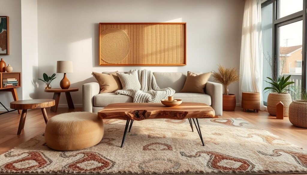A cozy and inviting scene of a living room featuring a mix of natural materials and warm accents. In the foreground, a plush area rug with earthy tones and organic patterns sets the tone. Strategically placed wooden side tables and a coffee table with a live-edge top add rustic charm. Muted-tone throw pillows and a chunky knit blanket on a neutral-colored sofa create a comfortable, lived-in vibe. The middle ground showcases a large, framed piece of wall art made from woven natural fibers, casting a soft, ambient glow. In the background, a floor-to-ceiling window allows natural light to filter in, illuminating the space and highlighting the natural textures throughout. Overall, the scene exudes a sense of serenity and warmth, perfect for a cozy and spacious-looking apartment.