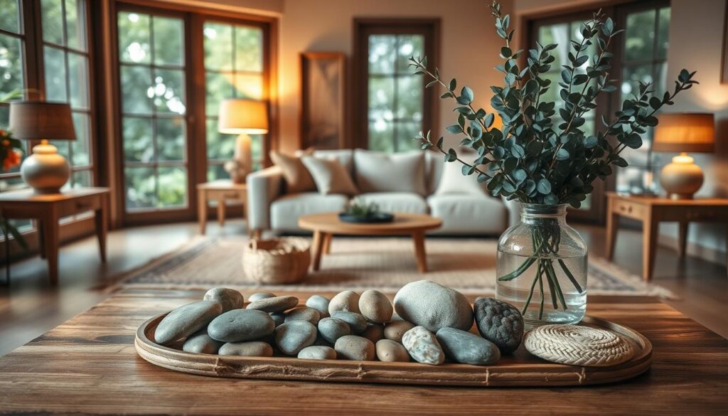 A cozy home interior featuring an artful arrangement of natural materials. In the foreground, a wooden coffee table showcases a collection of smooth river stones, woven baskets, and a decorative vase filled with fragrant eucalyptus. The middle ground highlights a plush, earthy-toned area rug, complemented by wooden side tables and a low-profile couch upholstered in linen. Warm, indirect lighting from floor lamps casts a soft, inviting glow, while the background reveals large windows framing a view of lush, verdant greenery outside, creating a serene, nature-inspired ambience. A cozy home interior featuring an artful arrangement of natural materials. In the foreground, a wooden coffee table showcases a collection of smooth river stones, woven baskets, and a decorative vase filled with fragrant eucalyptus. The middle ground highlights a plush, earthy-toned area rug, complemented by wooden side tables and a low-profile couch upholstered in linen. Warm, indirect lighting from floor lamps casts a soft, inviting glow, while the background reveals large windows framing a view of lush, verdant greenery outside, creating a serene, nature-inspired ambience.
