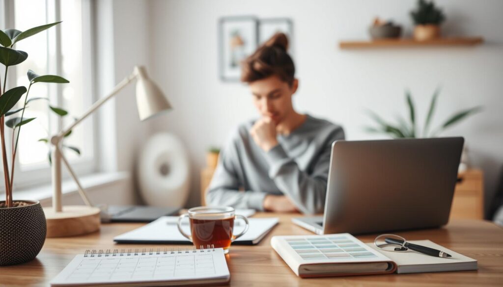 A cozy home office setting, with a minimalist desk, a plant, and a cup of tea. In the foreground, a person sitting at the desk, deeply engaged in a self-evaluation process, surrounded by notes and a laptop. Soft, natural lighting filters through a window, creating a contemplative atmosphere. The middle ground features a calendar, a journal, and a set of organizational tools, symbolizing the structured approach to self-care. The background blurs softly, hinting at a serene, uncluttered living space, fostering a sense of calm and introspection.