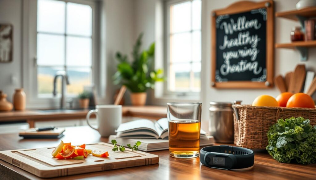 A cozy kitchen scene with a variety of everyday household items arranged in a visually appealing manner, depicting various habit change examples. The foreground features a cutting board with half-chopped vegetables, a cup of fresh tea, and a fitness tracker. The middle ground showcases a journal, a set of healthy recipes, and a motivational quote displayed on a wall-mounted chalkboard. The background gently blurs to reveal a window overlooking a serene outdoor landscape, bathed in soft, natural lighting. The overall mood is one of calm, organization, and a sense of personal growth and transformation. A cozy kitchen scene with a variety of everyday household items arranged in a visually appealing manner, depicting various habit change examples. The foreground features a cutting board with half-chopped vegetables, a cup of fresh tea, and a fitness tracker. The middle ground showcases a journal, a set of healthy recipes, and a motivational quote displayed on a wall-mounted chalkboard. The background gently blurs to reveal a window overlooking a serene outdoor landscape, bathed in soft, natural lighting. The overall mood is one of calm, organization, and a sense of personal growth and transformation.