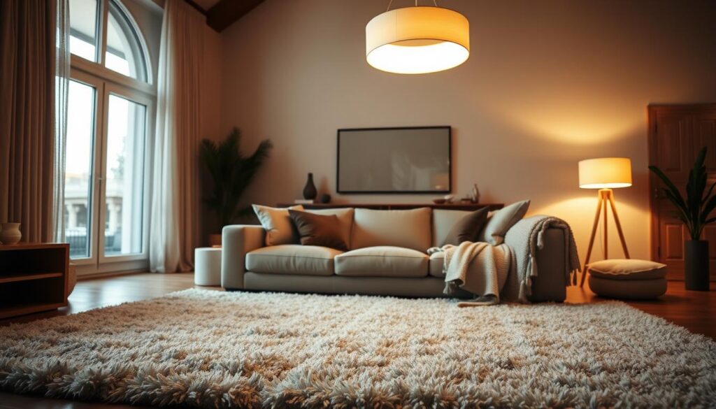 A cozy living room with a plush, patterned rug defining the seating area. Soft, ambient lighting from a modern pendant fixture casts a warm glow, complementing the neutral color palette. Throw pillows and a cozy blanket add textural interest. In the background, floor lamps flank a large, airy window, allowing natural light to filter in. The room has a harmonious, inviting atmosphere, with the rug and lighting working together to create distinct zones within the open space. A cozy living room with a plush, patterned rug defining the seating area. Soft, ambient lighting from a modern pendant fixture casts a warm glow, complementing the neutral color palette. Throw pillows and a cozy blanket add textural interest. In the background, floor lamps flank a large, airy window, allowing natural light to filter in. The room has a harmonious, inviting atmosphere, with the rug and lighting working together to create distinct zones within the open space.