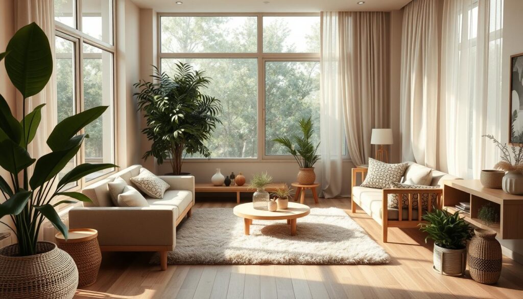 A cozy, nature-inspired compact interior with neutral hues. Soft diffused lighting from large windows illuminates a serene living space. Earthy wood tones, natural textures, and minimalist furnishings create a sense of spaciousness. Lush potted plants and natural fiber accents bring the outdoors in. The layout is open and airy, with clean lines and a cohesive color palette of beige, sage, and warm grays. A plush area rug grounds the scene, while sheer curtains gently billow in a gentle breeze. The overall atmosphere is calming and inviting, evoking a spa-like retreat within a small urban apartment.