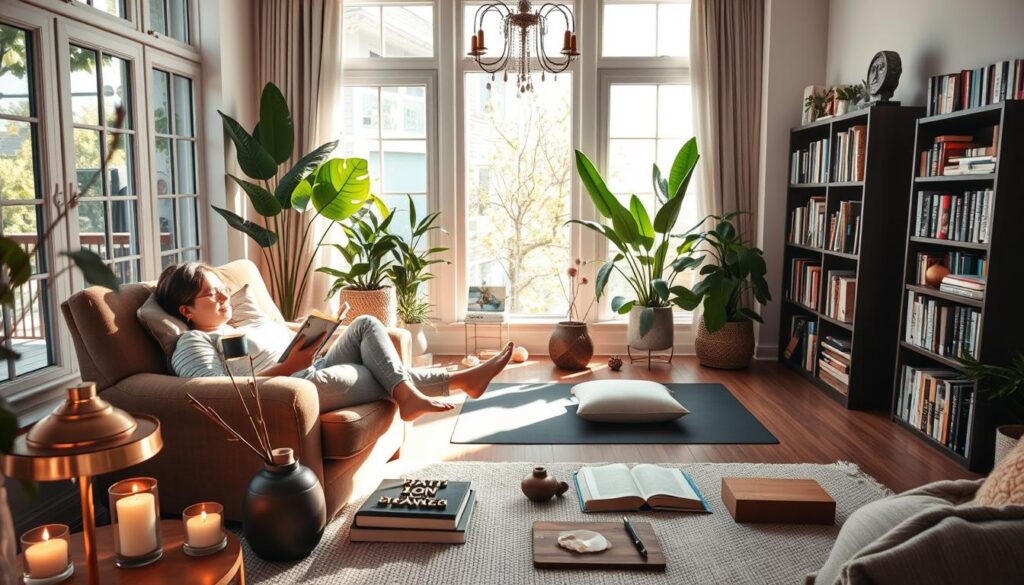 A cozy, well-lit home interior with natural light streaming through large windows. In the foreground, a person relaxes on a plush armchair, reading a book and sipping a warm beverage. Surrounding them are various self-care items like scented candles, a diffuser, a yoga mat, and a journal. The middle ground features a tranquil meditation space with crystals, incense, and a cushion. In the background, a lush indoor plant arrangement and a bookshelf filled with wellness-related titles create a serene, rejuvenating atmosphere. The overall mood is calm, introspective, and tailored to the individual's personal lifestyle preferences.