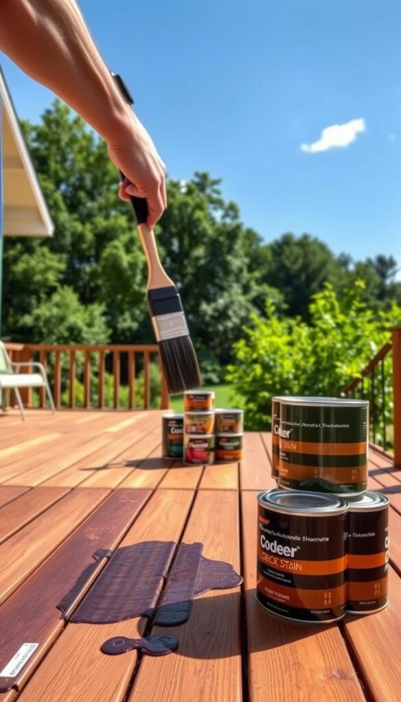 A deck in a warm, sunny backyard setting. In the foreground, a person is carefully applying a rich, even coat of wood stain to the deck boards using a paintbrush, creating a smooth, uniform finish. The middle ground features neatly stacked cans of high-quality deck stain in various colors, hinting at the wide range of options available. In the background, lush greenery and a clear blue sky set the scene, suggesting a peaceful, rejuvenating atmosphere. Soft, directional lighting from the sun casts gentle shadows, accentuating the texture and grain of the wood. The overall composition conveys a sense of diligence, attention to detail, and the satisfying results of a well-executed deck staining project. A deck in a warm, sunny backyard setting. In the foreground, a person is carefully applying a rich, even coat of wood stain to the deck boards using a paintbrush, creating a smooth, uniform finish. The middle ground features neatly stacked cans of high-quality deck stain in various colors, hinting at the wide range of options available. In the background, lush greenery and a clear blue sky set the scene, suggesting a peaceful, rejuvenating atmosphere. Soft, directional lighting from the sun casts gentle shadows, accentuating the texture and grain of the wood. The overall composition conveys a sense of diligence, attention to detail, and the satisfying results of a well-executed deck staining project.