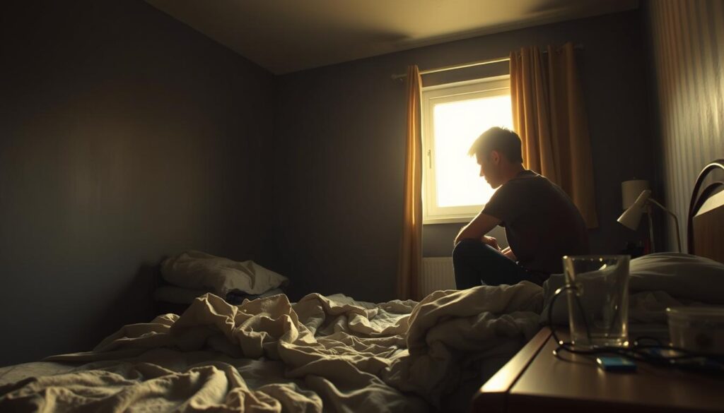 A dimly lit room, the walls painted a muted gray, a sense of heaviness permeating the air. In the foreground, a person sits on the edge of a bed, shoulders hunched, a dejected expression on their face. Tangled sheets and crumpled clothes suggest a struggle with self-care. The middle ground reveals a cluttered nightstand, with a forgotten glass of water and a tangle of wires. In the background, a window casts a soft, hazy glow, offering a glimmer of hope. Warm, golden light filters through, illuminating the room and suggesting the possibility of a brighter future, if only the barriers to self-care can be overcome.