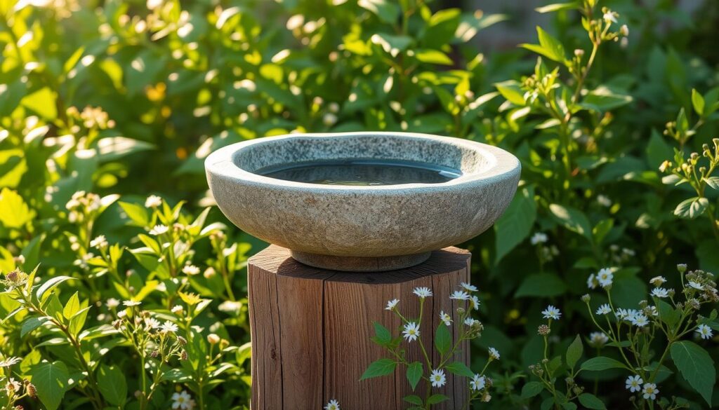 A functional and aesthetically pleasing bird bath design with a low-profile stone basin set atop a weathered wooden pedestal. The basin features a gently sloped interior and textured surface to provide traction for bathing birds. Surrounding the pedestal are lush, vibrant green foliage and delicate wildflowers, creating a serene, naturalistic scene. Warm, diffused sunlight filters through the leaves, casting soft shadows and highlighting the organic textures. The overall composition conveys a sense of harmony between form and function, inviting birds to bathe while also serving as an attractive garden accent. A functional and aesthetically pleasing bird bath design with a low-profile stone basin set atop a weathered wooden pedestal. The basin features a gently sloped interior and textured surface to provide traction for bathing birds. Surrounding the pedestal are lush, vibrant green foliage and delicate wildflowers, creating a serene, naturalistic scene. Warm, diffused sunlight filters through the leaves, casting soft shadows and highlighting the organic textures. The overall composition conveys a sense of harmony between form and function, inviting birds to bathe while also serving as an attractive garden accent.