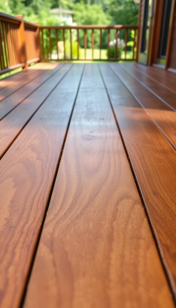 A lush, natural wooden deck with varying levels of translucent stain application. The foreground showcases a close-up view of the textured wood grain, highlighting the different opacity levels from a transparent finish to a more solid, opaque stain. The middle ground reveals the overall deck layout, allowing the viewer to see how the stain blends and transitions across the surface. The background captures the surrounding environment, such as a lush garden or a peaceful countryside setting, to create a calming, harmonious atmosphere. Soft, warm lighting casts subtle shadows, emphasizing the depth and richness of the wood and stain. The image conveys a sense of high-quality craftsmanship and attention to detail, perfectly illustrating the "Opacity Levels: From Transparent to Solid Stains" section of the article. A lush, natural wooden deck with varying levels of translucent stain application. The foreground showcases a close-up view of the textured wood grain, highlighting the different opacity levels from a transparent finish to a more solid, opaque stain. The middle ground reveals the overall deck layout, allowing the viewer to see how the stain blends and transitions across the surface. The background captures the surrounding environment, such as a lush garden or a peaceful countryside setting, to create a calming, harmonious atmosphere. Soft, warm lighting casts subtle shadows, emphasizing the depth and richness of the wood and stain. The image conveys a sense of high-quality craftsmanship and attention to detail, perfectly illustrating the "Opacity Levels: From Transparent to Solid Stains" section of the article.