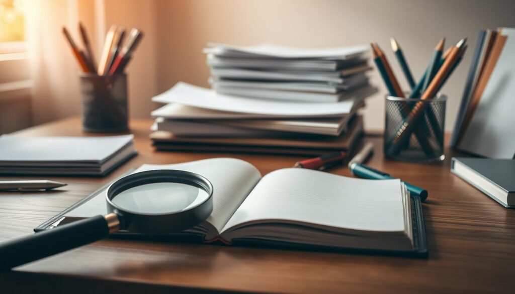 A meticulously organized desk, showcasing an open notebook and a variety of office supplies. The scene is bathed in warm, natural lighting, creating a contemplative atmosphere. The foreground features a magnifying glass hovering over the notebook, emphasizing the act of careful examination and introspection. In the middle ground, a neatly stacked pile of books and papers suggests a comprehensive review of one's habits. The background is softly blurred, drawing the viewer's focus to the central elements of the "habit audit" process. A meticulously organized desk, showcasing an open notebook and a variety of office supplies. The scene is bathed in warm, natural lighting, creating a contemplative atmosphere. The foreground features a magnifying glass hovering over the notebook, emphasizing the act of careful examination and introspection. In the middle ground, a neatly stacked pile of books and papers suggests a comprehensive review of one's habits. The background is softly blurred, drawing the viewer's focus to the central elements of the "habit audit" process.