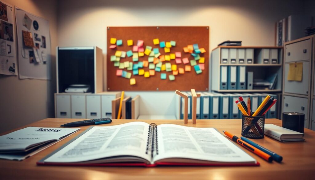 A meticulously planned workspace, with a central desk and a clear planning board. Soft, directional lighting illuminates the scene, casting a warm, focused glow. In the foreground, an open notebook and a collection of writing implements convey a sense of active, purpose-driven planning. The middle ground features a corkboard covered in multicolored sticky notes, each representing a step or a milestone in a well-organized plan. In the background, rows of neatly arranged binders and filing cabinets suggest a systematic approach to record-keeping and task management. The overall atmosphere exudes a sense of focus, productivity, and a determination to make progress. A meticulously planned workspace, with a central desk and a clear planning board. Soft, directional lighting illuminates the scene, casting a warm, focused glow. In the foreground, an open notebook and a collection of writing implements convey a sense of active, purpose-driven planning. The middle ground features a corkboard covered in multicolored sticky notes, each representing a step or a milestone in a well-organized plan. In the background, rows of neatly arranged binders and filing cabinets suggest a systematic approach to record-keeping and task management. The overall atmosphere exudes a sense of focus, productivity, and a determination to make progress.