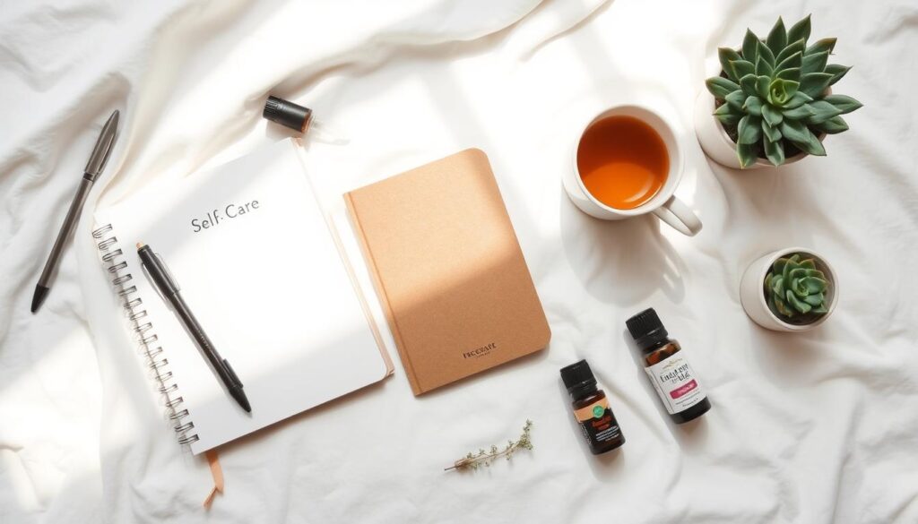 A personal self-care plan laid out on a soft white surface, with items like a journal, essential oils, a succulent plant, and a warm mug of tea. The composition is arranged in a harmonious, balanced manner, with natural lighting casting a gentle glow. The overall mood is calming and introspective, inviting the viewer to reflect on their own self-care practices. The image conveys a sense of mindfulness, wellness, and the importance of tailoring self-care to individual needs and lifestyle.