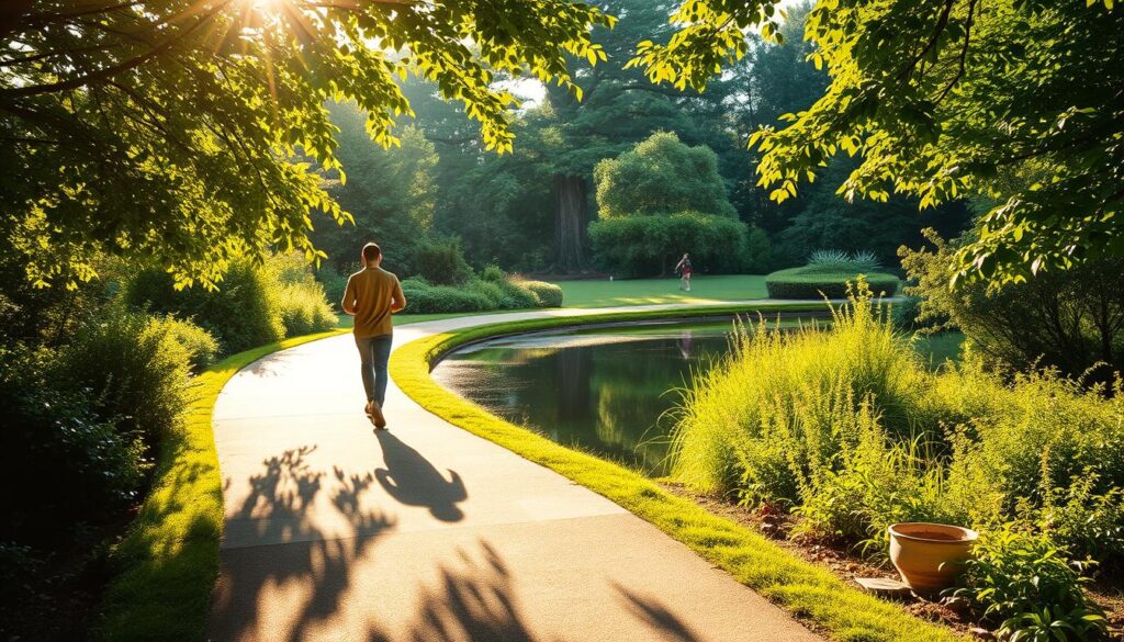 A serene garden path winds through lush greenery, symbolizing the journey of habit transformation. In the foreground, a person walks with purpose, their stride steady and determined. Bright sunlight filters through the canopy, casting a warm glow and creating long shadows that stretch before them. The middle ground features a tranquil pond, its surface like a mirror reflecting the surrounding foliage. In the distance, a towering tree stands as a visual metaphor for growth and resilience. The overall atmosphere conveys a sense of calm, renewal, and the gradual, yet profound, changes that come with long-term habit transformation. A serene garden path winds through lush greenery, symbolizing the journey of habit transformation. In the foreground, a person walks with purpose, their stride steady and determined. Bright sunlight filters through the canopy, casting a warm glow and creating long shadows that stretch before them. The middle ground features a tranquil pond, its surface like a mirror reflecting the surrounding foliage. In the distance, a towering tree stands as a visual metaphor for growth and resilience. The overall atmosphere conveys a sense of calm, renewal, and the gradual, yet profound, changes that come with long-term habit transformation.