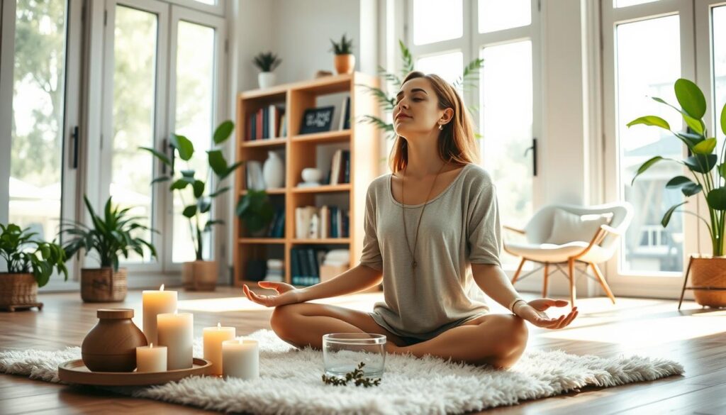 A serene home interior with natural light streaming through large windows, casting a warm glow on a young woman engaged in self-care activities. In the foreground, she sits cross-legged on a plush rug, eyes closed in meditation, surrounded by scented candles and a cup of herbal tea. In the middle ground, a bookshelf displays inspirational self-help titles, and a diffuser emits soothing essential oils. The background features lush indoor plants, a comfortable armchair, and a cozy, minimalist aesthetic, creating a tranquil, rejuvenating atmosphere that encourages mindfulness and personal well-being.