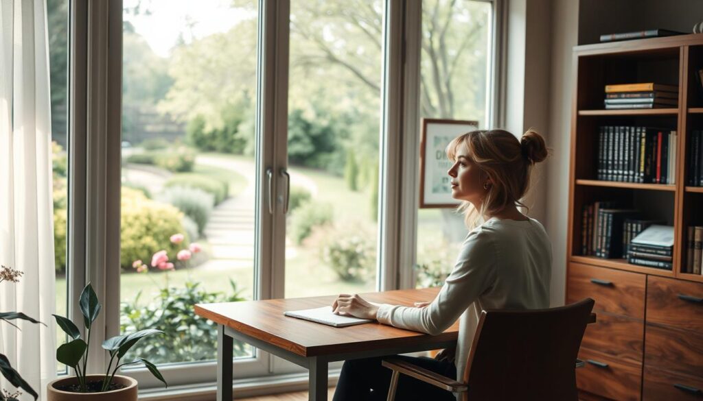 A serene home office with a large window overlooking a lush garden. In the foreground, a woman sits at a wooden desk, contemplating her career goals and life priorities. Soft natural lighting filters through the window, casting a warm glow on her focused expression. In the middle ground, framed artwork and shelves of inspirational books suggest a balance between professional and personal fulfillment. The background depicts a tranquil outdoor scene, with blooming flowers and a winding path, symbolizing the journey towards aligning one's career and life. The overall atmosphere is one of calm introspection and the search for harmony between work and personal well-being. A serene home office with a large window overlooking a lush garden. In the foreground, a woman sits at a wooden desk, contemplating her career goals and life priorities. Soft natural lighting filters through the window, casting a warm glow on her focused expression. In the middle ground, framed artwork and shelves of inspirational books suggest a balance between professional and personal fulfillment. The background depicts a tranquil outdoor scene, with blooming flowers and a winding path, symbolizing the journey towards aligning one's career and life. The overall atmosphere is one of calm introspection and the search for harmony between work and personal well-being.