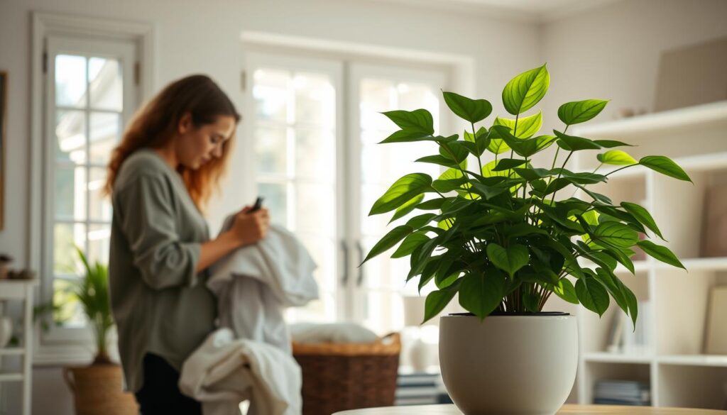 A serene household interior, flooded with natural light filtering through large windows. In the foreground, a person effortlessly sorting through their belongings, thoughtfully deciding what to keep or discard. The middle ground showcases a lush, thriving indoor plant in an elegant planter, symbolizing the growth that can come from a simpler, more intentional lifestyle. The background reveals a minimalist, clean-lined bookshelf, free of clutter, inviting a sense of calm and focus. The overall atmosphere is one of tranquility and a subtle shift towards environmental habits that nurture well-being. A serene household interior, flooded with natural light filtering through large windows. In the foreground, a person effortlessly sorting through their belongings, thoughtfully deciding what to keep or discard. The middle ground showcases a lush, thriving indoor plant in an elegant planter, symbolizing the growth that can come from a simpler, more intentional lifestyle. The background reveals a minimalist, clean-lined bookshelf, free of clutter, inviting a sense of calm and focus. The overall atmosphere is one of tranquility and a subtle shift towards environmental habits that nurture well-being.