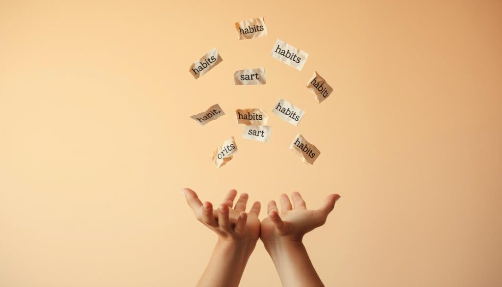 A serene, minimalist scene set against a soft, pastel-hued background. In the foreground, a person's hands gently releasing a collection of crumpled, worn-out habits, represented as torn pieces of paper, each with a different word or symbol. The items float up and away, signifying a letting go and a fresh start. Warm, diffused lighting creates a calming atmosphere, while the composition emphasizes the act of releasing and the sense of renewal. The overall tone is introspective, encouraging the viewer to reflect on their own habits and the process of starting anew. A serene, minimalist scene set against a soft, pastel-hued background. In the foreground, a person's hands gently releasing a collection of crumpled, worn-out habits, represented as torn pieces of paper, each with a different word or symbol. The items float up and away, signifying a letting go and a fresh start. Warm, diffused lighting creates a calming atmosphere, while the composition emphasizes the act of releasing and the sense of renewal. The overall tone is introspective, encouraging the viewer to reflect on their own habits and the process of starting anew.