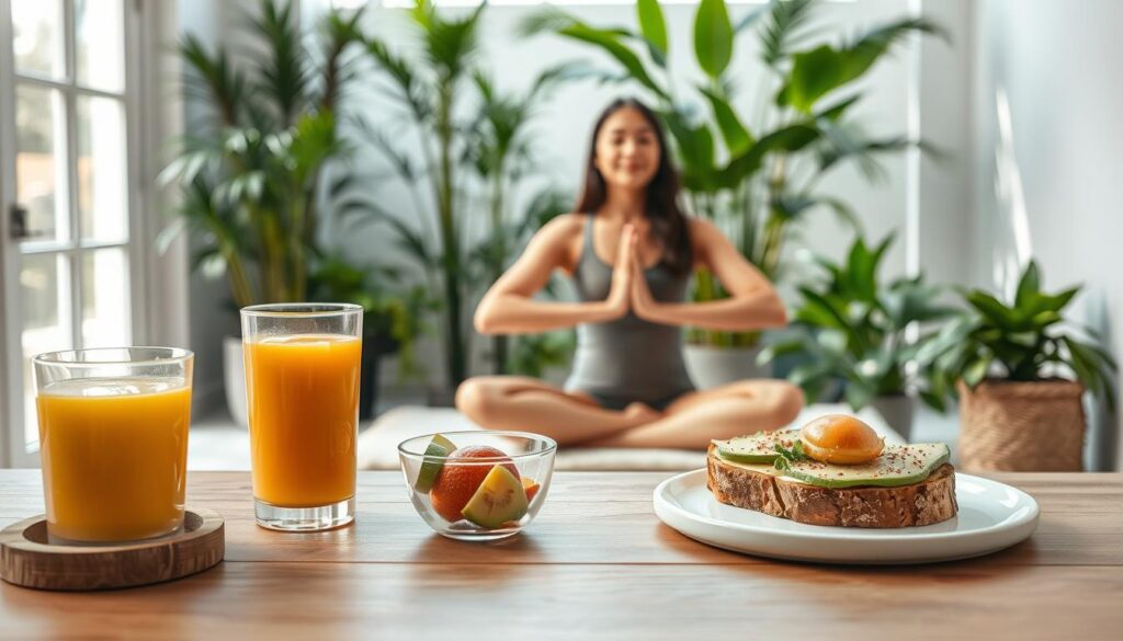 A serene morning scene depicting a person's daily healthy routine. In the foreground, a wooden table holds a glass of fresh juice, a bowl of vibrant fruit, and a plate of whole grain toast with avocado. Soft natural lighting filters through large windows, creating a warm and inviting atmosphere. In the middle ground, the person is shown doing gentle yoga poses on a plush mat, their face expressing a sense of calm and focus. The background features a lush, green indoor plant oasis, complementing the overall wellness and harmony of the scene. The image conveys a sense of balance, mindfulness, and a commitment to a nourishing daily routine. A serene morning scene depicting a person's daily healthy routine. In the foreground, a wooden table holds a glass of fresh juice, a bowl of vibrant fruit, and a plate of whole grain toast with avocado. Soft natural lighting filters through large windows, creating a warm and inviting atmosphere. In the middle ground, the person is shown doing gentle yoga poses on a plush mat, their face expressing a sense of calm and focus. The background features a lush, green indoor plant oasis, complementing the overall wellness and harmony of the scene. The image conveys a sense of balance, mindfulness, and a commitment to a nourishing daily routine.