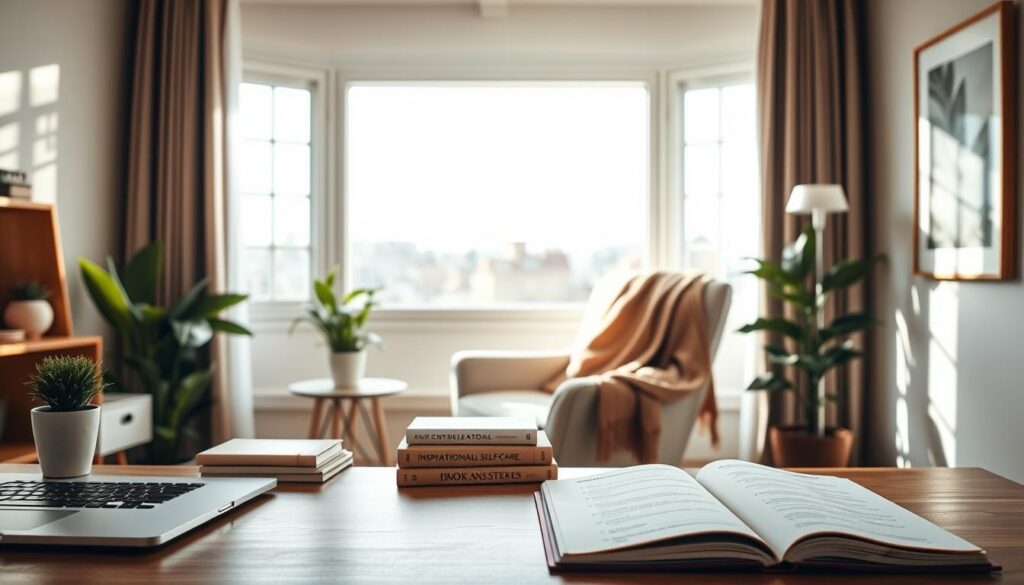 A serene, sun-dappled home office. In the foreground, a desk with a sleek laptop, a small potted plant, and a stack of inspirational self-care books. The middle ground features a cozy armchair, a warm woven blanket draped over it, and a planner open to a page of neatly written goals. The background showcases a large window, allowing natural light to fill the space and cast a soft, calming glow. The overall atmosphere is one of mindfulness, productivity, and a sense of personal growth.
