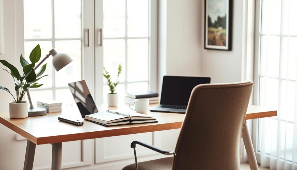 A serene, well-organized home office with a desk, comfortable chair, and minimalist decor. Soft, natural lighting filters in through large windows, casting a warm glow over the scene. On the desk, a laptop, planner, and a few carefully placed items like a potted plant and a mug of hot beverage, symbolizing a productive daily routine. The background features a simple, calming wall color or tasteful artwork, creating a harmonious and focused environment conducive to consistent progress and personal growth. A serene, well-organized home office with a desk, comfortable chair, and minimalist decor. Soft, natural lighting filters in through large windows, casting a warm glow over the scene. On the desk, a laptop, planner, and a few carefully placed items like a potted plant and a mug of hot beverage, symbolizing a productive daily routine. The background features a simple, calming wall color or tasteful artwork, creating a harmonious and focused environment conducive to consistent progress and personal growth.