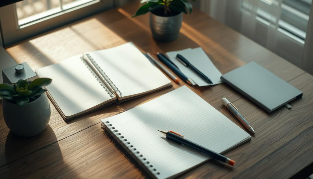 A serene workspace with a wooden desk, natural light filtering through, and an array of self-assessment tools neatly arranged. A journal, a planner, and various stationery items create a calming, reflective atmosphere. Soft shadows and a muted color palette evoke a sense of introspection. The focus is on the tools themselves, highlighting their purpose in assessing one's self-care needs. The composition is balanced, with a clean, uncluttered aesthetic that invites the viewer to engage with the scene and consider their own self-care journey.