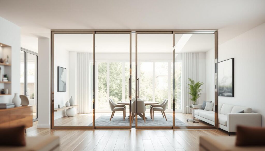 A sleek, modern sliding door room divider made of tempered glass panels, framed in polished stainless steel. The divider stands in the center of a bright, open-concept living room, illuminated by natural light from large windows. The glass panels allow for an airy, spacious feel, while still creating a visual separation between the living and dining areas. The divider's polished finish reflects the warm, neutral-toned décor, complementing the room's minimalist, contemporary style. A shallow depth of field highlights the divider's elegant, streamlined silhouette, with the background softly blurred to draw the eye to the focal point of the room. A sleek, modern sliding door room divider made of tempered glass panels, framed in polished stainless steel. The divider stands in the center of a bright, open-concept living room, illuminated by natural light from large windows. The glass panels allow for an airy, spacious feel, while still creating a visual separation between the living and dining areas. The divider's polished finish reflects the warm, neutral-toned décor, complementing the room's minimalist, contemporary style. A shallow depth of field highlights the divider's elegant, streamlined silhouette, with the background softly blurred to draw the eye to the focal point of the room.