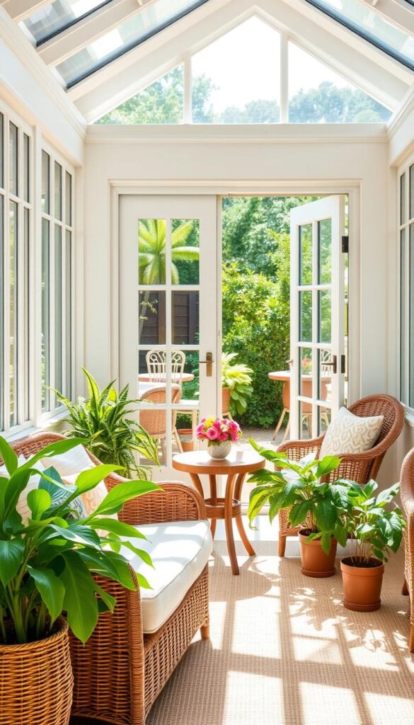 A sun-drenched summer sunroom, complete with rattan furniture, plush cushions, and lush greenery. The large windows let in an abundance of natural light, casting a warm and inviting glow throughout the space. In the foreground, a wicker loveseat sits nestled between potted plants, inviting you to relax and unwind. The middle ground features a small round table, adorned with a vibrant floral arrangement. In the background, a set of French doors open up to a verdant outdoor patio, blurring the lines between indoor and outdoor living. The overall atmosphere is one of tranquility and relaxation, perfectly capturing the essence of a summer-inspired sunroom. A sun-drenched summer sunroom, complete with rattan furniture, plush cushions, and lush greenery. The large windows let in an abundance of natural light, casting a warm and inviting glow throughout the space. In the foreground, a wicker loveseat sits nestled between potted plants, inviting you to relax and unwind. The middle ground features a small round table, adorned with a vibrant floral arrangement. In the background, a set of French doors open up to a verdant outdoor patio, blurring the lines between indoor and outdoor living. The overall atmosphere is one of tranquility and relaxation, perfectly capturing the essence of a summer-inspired sunroom.