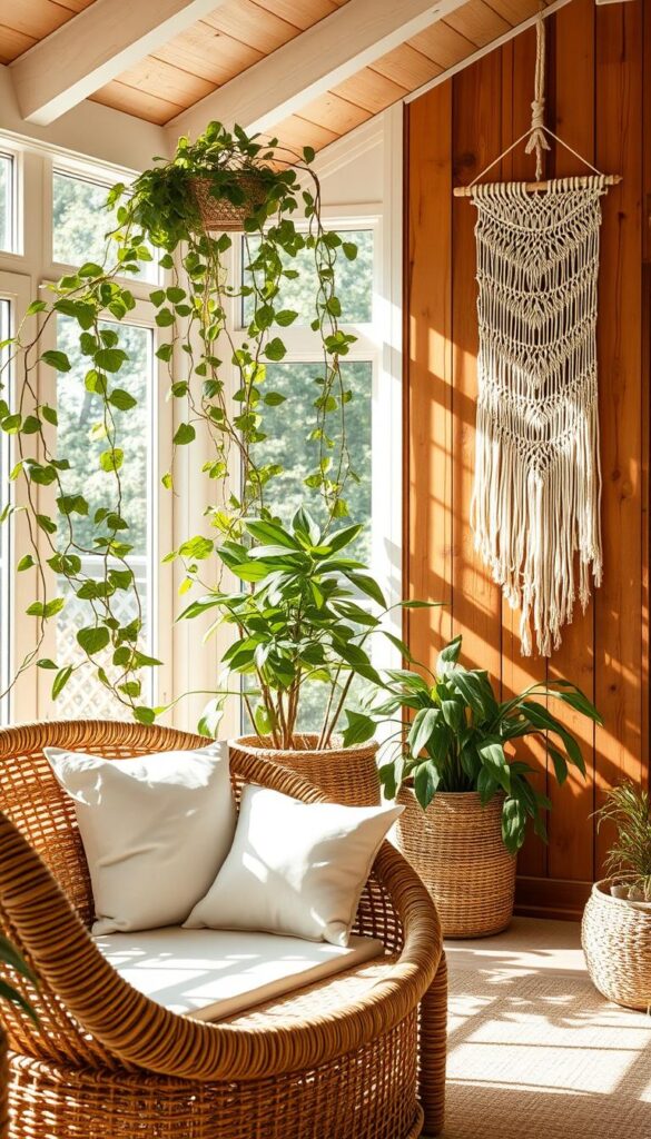 A sunlit sunroom filled with a harmonious blend of natural textures. In the foreground, a woven rattan lounge chair with plush ivory cushions invites relaxation. The middle ground showcases a lush, leafy potted plant, its verdant foliage complementing the earthy tones. Trailing vines cascade from a macrame wall hanging, adding a soft, bohemian touch. The background features a wooden accent wall, its warm, weathered finish evoking a rustic, sun-dappled ambiance. Abundant natural light filters through large windows, casting a golden glow and highlighting the interplay of varied textures. The overall atmosphere is one of serene, summer-inspired comfort and elegance. A sunlit sunroom filled with a harmonious blend of natural textures. In the foreground, a woven rattan lounge chair with plush ivory cushions invites relaxation. The middle ground showcases a lush, leafy potted plant, its verdant foliage complementing the earthy tones. Trailing vines cascade from a macrame wall hanging, adding a soft, bohemian touch. The background features a wooden accent wall, its warm, weathered finish evoking a rustic, sun-dappled ambiance. Abundant natural light filters through large windows, casting a golden glow and highlighting the interplay of varied textures. The overall atmosphere is one of serene, summer-inspired comfort and elegance.