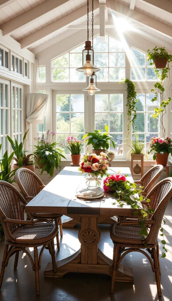 A sunlit sunroom with a rustic wooden dining table, adorned with lush greenery and fresh flowers. Sunbeams filter through large windows, casting a warm glow on the space. Woven rattan chairs surround the table, inviting guests to linger and savor a leisurely meal. Delicate pendant lights hang overhead, their soft illumination adding to the tranquil ambiance. Potted plants and trailing vines accentuate the natural, garden-inspired atmosphere. The overall scene exudes a sense of serene sophistication, perfect for a summer-inspired dining experience. A sunlit sunroom with a rustic wooden dining table, adorned with lush greenery and fresh flowers. Sunbeams filter through large windows, casting a warm glow on the space. Woven rattan chairs surround the table, inviting guests to linger and savor a leisurely meal. Delicate pendant lights hang overhead, their soft illumination adding to the tranquil ambiance. Potted plants and trailing vines accentuate the natural, garden-inspired atmosphere. The overall scene exudes a sense of serene sophistication, perfect for a summer-inspired dining experience.