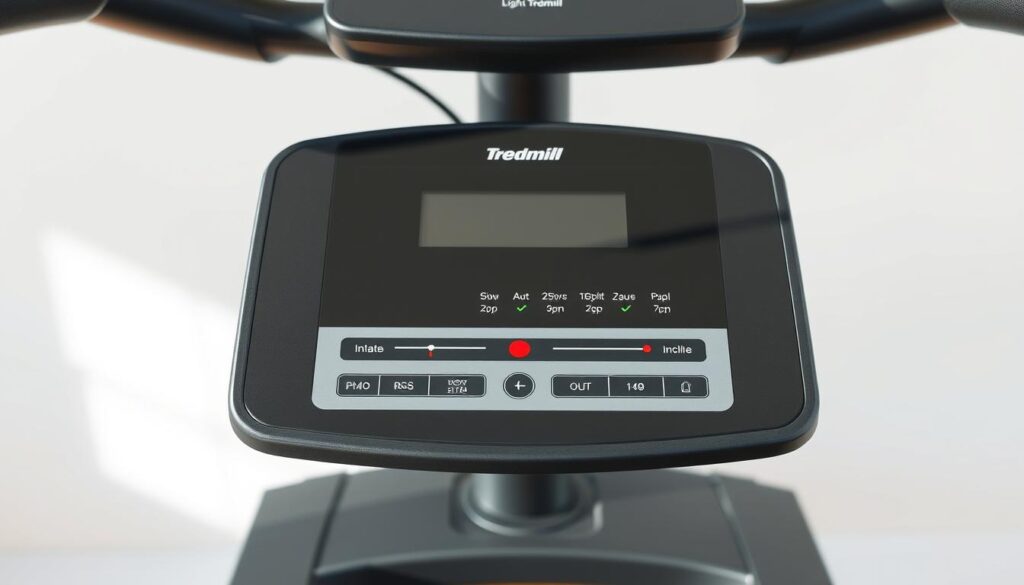 A treadmill control panel with detailed speed and incline settings, illuminated by natural light and set against a clean, minimalist background. The display showcases a range of speed options from slow walking to light jogging, as well as adjustable incline levels to simulate various terrain. The panel is rendered with a sleek, high-tech aesthetic, conveying a sense of precision and efficiency for the user. The overall composition emphasizes the centrality of the treadmill controls, guiding the viewer's attention to the key elements needed for optimizing calorie burn during a walking desk session. A treadmill control panel with detailed speed and incline settings, illuminated by natural light and set against a clean, minimalist background. The display showcases a range of speed options from slow walking to light jogging, as well as adjustable incline levels to simulate various terrain. The panel is rendered with a sleek, high-tech aesthetic, conveying a sense of precision and efficiency for the user. The overall composition emphasizes the centrality of the treadmill controls, guiding the viewer's attention to the key elements needed for optimizing calorie burn during a walking desk session.