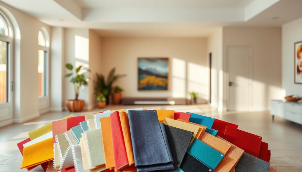 A vibrant and expertly curated color palette, showcasing a harmonious blend of hues that inspire and captivate. In the foreground, a focal point of carefully selected paint samples, fabric swatches, and material textures arranged in a visually striking composition. The middle ground features a minimalist, well-lit space with clean lines and a muted background, allowing the colors to take center stage. Soft, natural lighting casts a warm, inviting glow, highlighting the nuances and depth of the color scheme. The overall mood is one of refined sophistication, where each color speaks to the designer's keen eye and deep understanding of how to create a spacious, visually appealing environment.