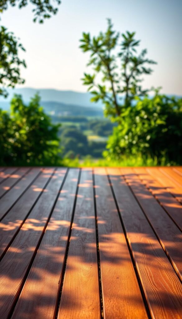 A vibrant deck in the foreground, its stained surface showcasing a harmonious blend of natural hues. The wooden planks are bathed in warm, diffused lighting, casting gentle shadows that accentuate the grain and texture. In the middle ground, lush greenery frames the scene, creating a serene and inviting atmosphere. The background features a picturesque landscape, with a soft, hazy horizon line that adds depth and a sense of tranquility. The overall composition exudes a sense of balance, where the chosen deck stain color complements the surrounding environment, creating a cohesive and visually appealing outdoor space. A vibrant deck in the foreground, its stained surface showcasing a harmonious blend of natural hues. The wooden planks are bathed in warm, diffused lighting, casting gentle shadows that accentuate the grain and texture. In the middle ground, lush greenery frames the scene, creating a serene and inviting atmosphere. The background features a picturesque landscape, with a soft, hazy horizon line that adds depth and a sense of tranquility. The overall composition exudes a sense of balance, where the chosen deck stain color complements the surrounding environment, creating a cohesive and visually appealing outdoor space.