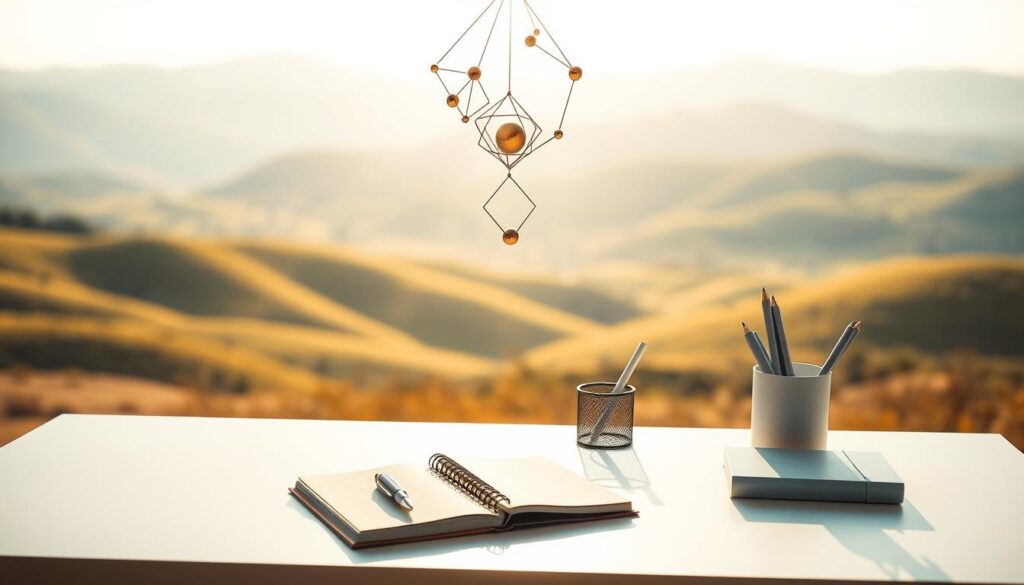 A vibrant, well-lit setting showcasing a goal-setting framework. In the foreground, a minimalist white desk with clean lines holds a journal, pen, and a modern desk organizer. Suspended above, a mobile-like structure of interconnected geometric shapes in metallic hues symbolizes the different steps or stages of the framework. The background is a serene, soft-focused landscape with rolling hills and a bright, natural sky, creating a sense of clarity and focus. Warm, directional lighting casts subtle shadows, lending depth and a sense of purpose to the scene. The overall atmosphere is one of intentionality, organization, and a path towards personal growth. A vibrant, well-lit setting showcasing a goal-setting framework. In the foreground, a minimalist white desk with clean lines holds a journal, pen, and a modern desk organizer. Suspended above, a mobile-like structure of interconnected geometric shapes in metallic hues symbolizes the different steps or stages of the framework. The background is a serene, soft-focused landscape with rolling hills and a bright, natural sky, creating a sense of clarity and focus. Warm, directional lighting casts subtle shadows, lending depth and a sense of purpose to the scene. The overall atmosphere is one of intentionality, organization, and a path towards personal growth.