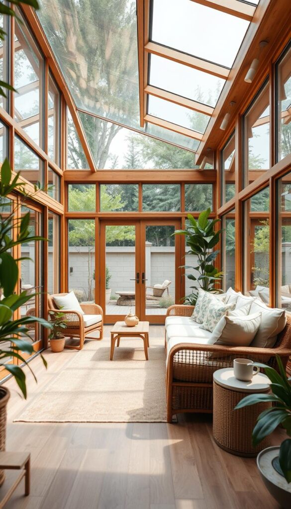 A well-designed sunroom with seamless indoor-outdoor flow. The space is filled with natural light, warm wood accents, and lush greenery. A large sliding glass door leads to a small patio or deck, blurring the boundaries between the indoors and outdoors. Neutral-toned furniture and soft textiles create a cozy, summer-inspired atmosphere. The scene is captured through a wide-angle lens, showcasing the harmonious integration of the sunroom and its surrounding landscape. The lighting is soft and diffused, highlighting the airy, open feel of the space. A well-designed sunroom with seamless indoor-outdoor flow. The space is filled with natural light, warm wood accents, and lush greenery. A large sliding glass door leads to a small patio or deck, blurring the boundaries between the indoors and outdoors. Neutral-toned furniture and soft textiles create a cozy, summer-inspired atmosphere. The scene is captured through a wide-angle lens, showcasing the harmonious integration of the sunroom and its surrounding landscape. The lighting is soft and diffused, highlighting the airy, open feel of the space.