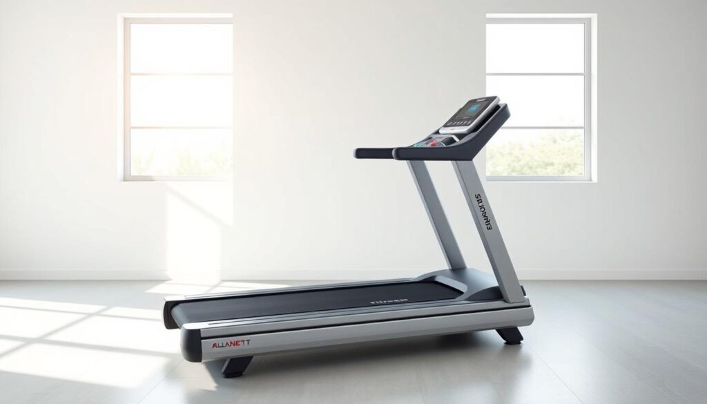 A well-lit, high-resolution image of a modern treadmill showcasing its key features and benefits. The treadmill is placed in a bright, minimalist interior with clean lines and natural lighting streaming in from large windows. The focus is on the treadmill's sleek design, adjustable incline, digital display, and user-friendly interface. The image conveys the treadmill's versatility, ergonomics, and ability to facilitate an effective cardiovascular workout. The overall mood is one of health, wellness, and functional sophistication. A well-lit, high-resolution image of a modern treadmill showcasing its key features and benefits. The treadmill is placed in a bright, minimalist interior with clean lines and natural lighting streaming in from large windows. The focus is on the treadmill's sleek design, adjustable incline, digital display, and user-friendly interface. The image conveys the treadmill's versatility, ergonomics, and ability to facilitate an effective cardiovascular workout. The overall mood is one of health, wellness, and functional sophistication.