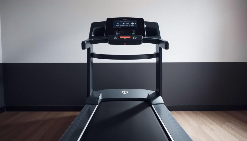 A well-lit, high-resolution photograph of a modern treadmill showcasing its key features and design. The treadmill is positioned in the foreground, with a clean, minimalist background. The camera is angled slightly above to capture the sleek, angular frame, the adjustable incline and speed controls, and the ergonomic running deck. The treadmill's display panel is clearly visible, highlighting its vital statistics and training programs. Soft, diffused lighting emphasizes the machine's smooth, polished surfaces and clean lines, creating a sense of sophistication and technological refinement. The overall mood is one of functional elegance, inviting the viewer to imagine the treadmill as a centerpiece of a home gym or fitness studio. A well-lit, high-resolution photograph of a modern treadmill showcasing its key features and design. The treadmill is positioned in the foreground, with a clean, minimalist background. The camera is angled slightly above to capture the sleek, angular frame, the adjustable incline and speed controls, and the ergonomic running deck. The treadmill's display panel is clearly visible, highlighting its vital statistics and training programs. Soft, diffused lighting emphasizes the machine's smooth, polished surfaces and clean lines, creating a sense of sophistication and technological refinement. The overall mood is one of functional elegance, inviting the viewer to imagine the treadmill as a centerpiece of a home gym or fitness studio.