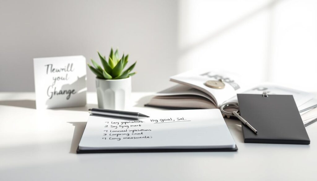 A well-lit, minimalist still life composition depicting a set of clearly defined, actionable goals for habit change. In the foreground, a sleek, modern desk with a simple pen and notepad, showcasing hand-written, concise and measurable goals. In the middle ground, inspirational objects like a potted succulent, a motivational book, and a motivational keychain. The background features a clean, neutral wall with a soft, natural light filtering in, creating a serene, focused atmosphere. The overall scene conveys a sense of intentionality, productivity and a fresh start. A well-lit, minimalist still life composition depicting a set of clearly defined, actionable goals for habit change. In the foreground, a sleek, modern desk with a simple pen and notepad, showcasing hand-written, concise and measurable goals. In the middle ground, inspirational objects like a potted succulent, a motivational book, and a motivational keychain. The background features a clean, neutral wall with a soft, natural light filtering in, creating a serene, focused atmosphere. The overall scene conveys a sense of intentionality, productivity and a fresh start.