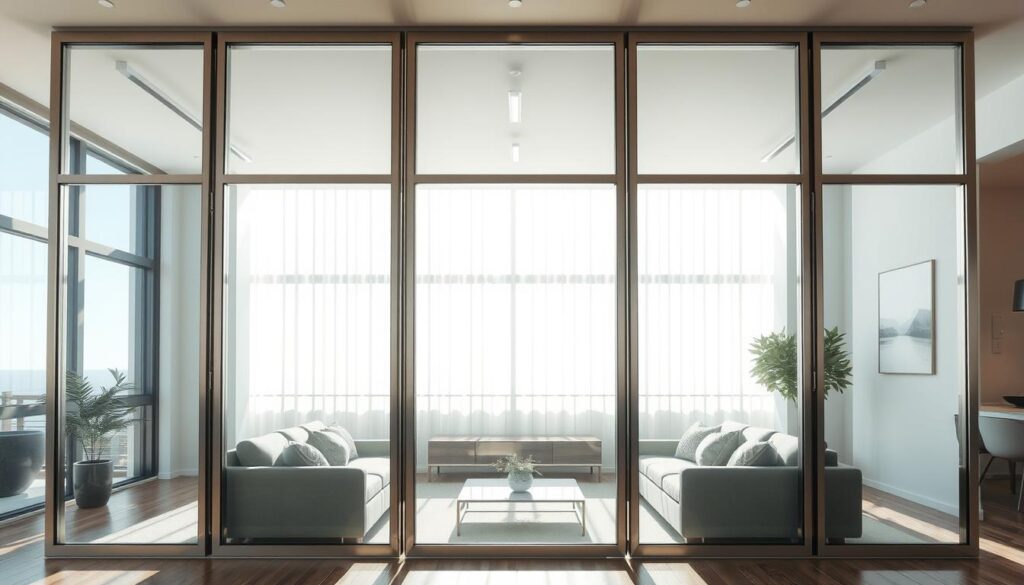 A well-lit modern glass panel room divider, capturing the essence of open and airy space division. The tempered glass panels are seamlessly framed in sleek brushed aluminum, creating a minimalist and sophisticated look. The divider is situated in a bright, sunlit living room, with soft natural lighting filtering through the transparent panes. The panels are configured in a clean, geometric layout, effortlessly blending form and function. The overall scene evokes a sense of seamless flow, allowing the space to feel open and connected while providing a subtle visual separation. The high-quality materials and precise craftsmanship elevate the room divider as a stylish, architectural centerpiece. A well-lit modern glass panel room divider, capturing the essence of open and airy space division. The tempered glass panels are seamlessly framed in sleek brushed aluminum, creating a minimalist and sophisticated look. The divider is situated in a bright, sunlit living room, with soft natural lighting filtering through the transparent panes. The panels are configured in a clean, geometric layout, effortlessly blending form and function. The overall scene evokes a sense of seamless flow, allowing the space to feel open and connected while providing a subtle visual separation. The high-quality materials and precise craftsmanship elevate the room divider as a stylish, architectural centerpiece.
