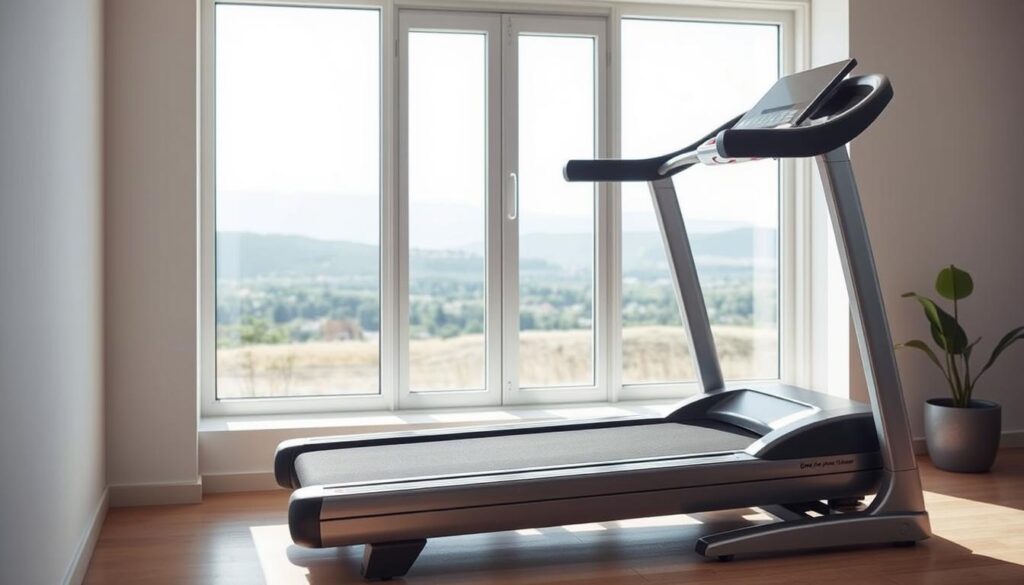 A well-lit, modern treadmill for home gyms and fitness enthusiasts, its sleek design accentuated by chrome accents and a large digital display. The treadmill is positioned in a bright, airy room with clean, minimalist decor, allowing the exercise equipment to take center stage. The treadmill's belt is in motion, suggesting an active user, while the background features a large window overlooking a scenic outdoor landscape, creating a sense of spaciousness and tranquility. The overall composition conveys the treadmill's suitability for dedicated runners and home fitness enthusiasts seeking a high-quality, reliable piece of equipment. A well-lit, modern treadmill for home gyms and fitness enthusiasts, its sleek design accentuated by chrome accents and a large digital display. The treadmill is positioned in a bright, airy room with clean, minimalist decor, allowing the exercise equipment to take center stage. The treadmill's belt is in motion, suggesting an active user, while the background features a large window overlooking a scenic outdoor landscape, creating a sense of spaciousness and tranquility. The overall composition conveys the treadmill's suitability for dedicated runners and home fitness enthusiasts seeking a high-quality, reliable piece of equipment.